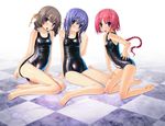  barefoot blue_hair blush braid breasts brown_hair checkered checkered_floor feet hair_ornament highres long_hair multiple_girls one-piece_swimsuit open_mouth pink_hair sakuya_tsuitachi school_swimsuit shiny shiny_clothes short_hair small_breasts smile sukumizu_tabehoudai swimsuit wet 