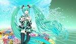  :d aqua_eyes aqua_hair detached_sleeves digital_dissolve field flower flower_field hand_on_own_chest hatsune_miku headset highres long_hair looking_at_viewer necktie open_mouth outstretched_arm smile solo thighhighs tulip twintails very_long_hair vocaloid yuunagi_(seventh_heaven) zettai_ryouiki 