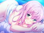  afterglow bed_sheet blanket blush breasts game_cg large_breasts long_hair looking_at_viewer lying marushin_(denwa0214) nipples nude on_side pink_hair shirato_usagi smile solo supokon!_sports_wear_complex yellow_eyes 