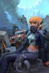  2boys belt blonde_hair building car cloud day ground_vehicle gun headband hood junk junkyard looking_at_viewer midriff military military_vehicle monster motor_vehicle multiple_boys navel original post-apocalypse red_eyes respirator saejin_oh short_hair sitting smoke tank weapon 