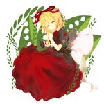  blonde_hair bow closed_eyes dqn_(dqnww) flower hair_bow hair_ornament hair_ribbon hands_on_own_chest highres lily_of_the_valley medicine_melancholy open_mouth plant ribbon short_hair skirt solo su-san touhou white_background 
