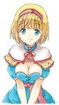  adapted_costume alice_margatroid alternate_costume blonde_hair blue_eyes breasts capelet cleavage dress hairband medium_breasts short_hair smile solo touhou yuni_(manyutin) 