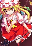  alphes_(style) ascot bad_id bad_pixiv_id blonde_hair blouse flandre_scarlet hat laevatein long_hair mary_janes neo1031 parody puffy_sleeves red_eyes shoes short_sleeves side_ponytail simple_background skirt skirt_set smile solo style_parody touhou wings 