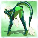  breasts butt female green_scales hair hanging_breasts hindpaw lizard looking_back nipples nude paws presenting presenting_hindquarters pussy raeffe reptile scalie solo standing white_hair 