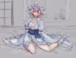  bad_id bad_pixiv_id blush breasts cleavage condom condom_in_mouth hat highres japanese_clothes kimono medium_breasts mouth_hold panties panty_pull pink_eyes pink_hair saigyouji_yuyuko short_hair sketch sofy solo touhou triangular_headpiece underwear 