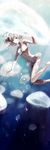  armpits bad_id bad_pixiv_id bare_shoulders barefoot bikini blue blurry breasts brown_eyes bubble cleavage depth_of_field freediving gou_(tomero) grey_hair highres jellyfish medium_breasts navel original short_hair solo sunlight swimming swimsuit underwater water 