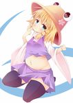  black_legwear blonde_hair blue_eyes eyes gamuo groin hat long_sleeves midriff moriya_suwako navel short_hair solo thighhighs touhou wide_sleeves 