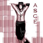  1boy arms_behind_head character_name hat jewelry leaning male male_focus muscle necklace one_piece portgas_d_ace solo stampede_string topless 