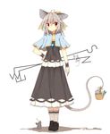  1girl ahoge animal animal_ears bad_id bad_pixiv_id basket breasts capelet cleavage dowsing_rod flower fuuen_(akagaminanoka) grey_hair implied_pantyshot medium_breasts mouse mouse_ears mouse_tail nazrin orange_eyes short_hair simple_background solo tail touhou white_background wrist_cuffs 
