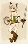  absurdres animal_ears bare_shoulders blush boots cat_ears cat_tail choker cosplay elbow_gloves glastonbury1966 gloves green_eyes highres link link_(cosplay) master_sword panties sanya_v_litvyak shield short_hair side-tie_panties silver_hair solo strike_witches sword tail the_legend_of_zelda thighhighs underwear weapon white_legwear world_witches_series 