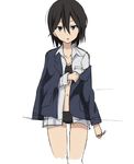  1girl black_bra black_hair black_panties blazer bra brown_eyes hair_between_eyes inaba_himeko kokoro_connect midriff mokkei navel no_pants no_skirt open_clothes open_shirt panties school_uniform shirt underwear 