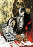  black_hair black_jack_(character) black_jack_(series) flower kojima_ayami lily_(flower) male_focus money multicolored_hair scar scissors skull solo suitcase two-tone_hair white_hair 