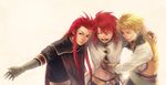  asch bad_id bad_pixiv_id blonde_hair blue_eyes green_eyes guy_cecil hair_slicked_back hug long_hair luke_fon_fabre male_focus multiple_boys neopara one_eye_closed red_hair tales_of_(series) tales_of_the_abyss white_background 