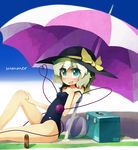  aqua_eyes bad_id bad_pixiv_id ball blush bow closed_eyes green_hair hat hat_bow heart heart-shaped_pupils komeiji_koishi lotion off_shoulder one-piece_swimsuit open_mouth short_hair solo sorrau swimsuit symbol-shaped_pupils third_eye touhou umbrella 