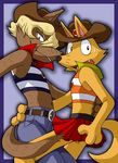  belt blonde_hair blue_eyes canine clothed clothing crossdressing duo fox gaon gay hair hat jeans male mammal open_mouth pants shirt skimpy skirt sweat unknown_artist wolf zorori 