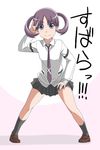  \m/ arm_up bad_id bad_pixiv_id black_legwear blue_eyes catchphrase cnt_ryu grey_skirt hanada_kirame leaning_forward long_sleeves miniskirt necktie pleated_skirt purple_hair saki saki_achiga-hen school_uniform shindouji_school_uniform shoes short_hair short_twintails skirt smile socks solo standing sweater twintails 