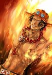  1boy abs beads belt fire freckles hat jewelry looking_at_viewer male male_focus muscle necklace one_piece portgas_d_ace sad_face smile smiley smiley_face solo stampede_string topless 