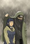  1boy 1girl aburame_shino artist_request black_hair blue_eyes blue_hair fishnets forehead_protector hand_up height_difference high_collar hood hood_up hoodie hyuuga_hinata konohagakure_symbol long_hair manly naruto_(series) naruto_shippuuden rain shared_clothes shared_coat side-by-side sunglasses third-party_source 