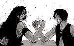  2boys abs arm_wrestling facial_hair gol_d_roger male male_focus monkey_d_luffy monochrome multiple_boys muscle mustache one_piece scar smile teeth time_paradox vest 