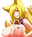  animal_ears bare_shoulders bell blonde_hair breast_hold breast_squeeze breasts brown_eyes choker dearmybrothers fox_ears fox_tail highres lactation large_breasts looking_at_viewer multiple_tails nipples no_hat no_headwear short_hair simple_background solo tail touhou white_background yakumo_ran 