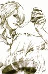  1boy chef cigarette collared_shirt cooking food frying_pan grey_scale hair_over_one_eye highres male male_focus monochrome one_piece pan sanji shirt smoking solo 