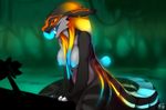  anthro bioluminescence blue_nipples breasts chubby claws colorful fangs female glowing glowing_nipples inverted_nipples lyra nipples nude patto reptilian scalie solo stripes swamp thick_tongue unknown_species 