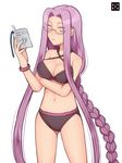  bikini book bracelet braid breasts cleavage criss-cross_halter fate/stay_night fate_(series) glasses halter_top halterneck highres jewelry kurarin large_breasts long_hair navel purple_eyes purple_hair rider shiny shiny_skin single_braid swimsuit 