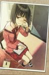  black_hair blush book brown_eyes chair crying desk hidari_(left_side) highres kneehighs locker one_eye_closed open_book plaid sasami-san@ganbaranai scan school_uniform shoes short_hair sitting skirt solo tears uwabaki wavy_mouth yagami_kagami 