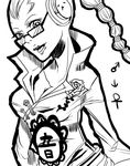  1girl breasts cleavage female genderswap glasses headphones looking_at_viewer monochrome one_piece outline ponytail sash scratchmen_apoo solo tongue 