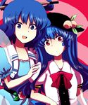  bad_id bad_pixiv_id blue_eyes blue_hair bow food fruit hand_on_shoulder hat hinanawi_tenshi kaku_seiga long_hair looking_at_viewer multiple_girls peach puffy_sleeves red_eyes sayonara_gerongeron touhou vest 