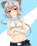 alternate_costume animal_ears belt blush clothes_lift crossed_arms frown groin looking_at_viewer midriff mouse_ears mouse_tail navel nazrin nnyara red_eyes ribbed_sweater short_hair shorts simple_background sleeveless sleeveless_turtleneck solo sweater sweater_lift tail touhou turtleneck 