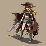  bandage belt blonde_hair boots cape duel_monster green_eyes hat lowres midriff skirt sword warrior_lady_of_the_wasteland weapon yu-gi-oh! 