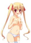  :d bangs blonde_hair blush collarbone covering covering_breasts cowboy_shot eyebrows_visible_through_hair fang hair_between_eyes highres long_hair looking_at_viewer miu_(c_blue) navel open_mouth original panties red_eyes simple_background smile solo striped striped_panties thighhighs topless twintails underwear very_long_hair white_background white_legwear 