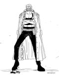  1boy blood crossed_arms facial_hair frown full_body jacket_on_shoulders male male_focus monochrome muscle mustache one_piece sash shirt solo standing striped striped_shirt zeff 