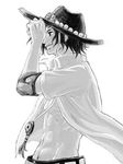  1boy abs belt freckles hand_on_hat hand_on_headwear hat karukaradon818 male male_focus monochrome muscle one_piece open_clothes open_shirt portgas_d_ace profile sad_face shirt simple_background smiley smiley_ace solo stampede_string standing wind 
