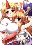  blonde_hair blush bow breasts brown_eyes fangs gonzaburo hair_bow horn horns hoshiguma_yuugi hug ibuki_suika large_breasts long_hair multiple_girls open_mouth pointy_ears red_eyes shirt smile touhou 