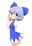  blue_eyes blue_hair blush bow cirno eating food fruit hair_bow puffy_sleeves short_hair short_sleeves solo touhou uta_(kuroneko) watermelon white_background 