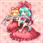  aqua_eyes aqua_hair arm_ribbon bad_id bad_pixiv_id blonde_hair blush bow colored_eyelashes dress front_ponytail hair_bow hair_ornament hair_ribbon heart kagiyama_hina long_hair medicine_melancholy mito_tsubaki multicolored multicolored_clothes multicolored_scarf multicolored_stripes multiple_girls pink_background polka_dot polka_dot_background ribbon scarf shared_scarf short_hair short_sleeves solid_circle_eyes striped striped_scarf su-san touhou 