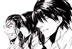  androgynous bad_id bad_pixiv_id drifters eyepatch glaring grin hibi long_hair male_focus multiple_boys nasu_no_yoichi oda_nobunaga_(drifters) ponytail shimazu_toyohisa short_hair smile 