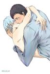  2boys aomine_daiki blue_eyes blue_hair clothed_male_nude_male cmnm kuroko_no_basuke kuroko_tetsuya multiple_boys yaoi 