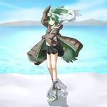  bad_id bad_pixiv_id bangs belt blush boots clenched_hand covering_head duel_monster fingerless_gloves gloves green_eyes green_hair hair_ornament hair_tie highres holding komimiyako mountain one_eye_closed ponytail robe shadow sidelocks skirt smile solo staff water wynn yuu-gi-ou 