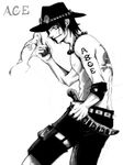  1boy belt fire freckles hat jewelry jolly_roger knife male male_focus monochrome muscle necklace one_piece pirate portgas_d_ace sheath sheathed shorts solo stampede_string tattoo thigh_strap topless 