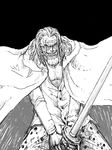  1boy beard cloak facial_hair glasses katana looking_at_viewer male male_focus monochrome old_man one_piece open_collar sabaody_archipelago scar silvers_rayleigh solo sword weapon 
