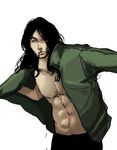  1boy abs black_hair enies_lobby facial_hair goatee long_hair male male_focus muscle one_piece open_clothes open_shirt rob_lucci shirt simple_background solo 
