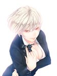  bad_id bad_pixiv_id blazer bow breasts cleavage copyright_request fang highres jacket large_breasts lips porigon short_hair smile solo unbuttoned white_hair 