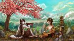  2018 5_fingers anthro barefoot brown_hair canine clothed clothing day detailed_background digital_media_(artwork) duo feline fur grass hair male mammal orange_fur outside sky thanshuhai tiger topless tree 