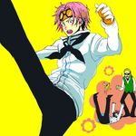  2boys banana_peel black_pants blonde_hair color_background fall glasses glasses_on_head headband helmeppo kobi male male_focus marine military military_uniform multiple_boys one_piece pants pink_hair simple_background slip slipping uniform yellow_background 