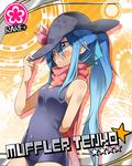  blue_hair blush card_(medium) card_parody cinderella_girls_card_parody hand_on_headwear hat hinanawi_tenshi idolmaster idolmaster_cinderella_girls long_hair one-piece_swimsuit parody ponytail red_eyes scarf school_swimsuit solo star swimsuit touhou yuuzii 