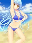  bikini blue_hair breasts cleavage cloud collarbone day long_hair medium_breasts navel ocean original outstretched_arms sky smile solo swift swimsuit yellow_eyes 