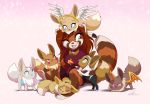  2018 ailurid anthro blue_eyes brown_hair digital_media_(artwork) dvixie eevee female feral green_eyes group hair mammal nintendo pok&eacute;mon pok&eacute;mon_(species) red_panda simple_background smile video_games 